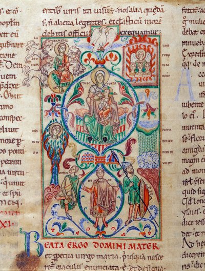 Jesse árvore rodeia símbolos de virgindade A Virgem é concebida com o nome de Bizantina de Theotokos. Miniatura retirada do "Lectiaire de Citeaux" Dijon do século XII, Biblioteca Municipal de Unknown artist