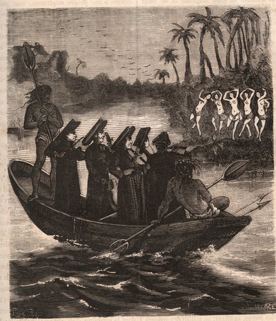 Missionários jesuítas chegam de barco entre os índios Guarani no Paraguai em 1553 - Gravura de 1879 em "História de Sociedades Secretas, Políticas e Religiosas" de Pierre Zaccone (1817-1895) de Unknown artist
