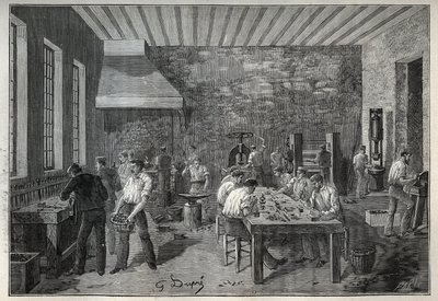 Joalharia: fábrica de jóias de aço. Gravura de 1885 em "Les arts et metiers illustres" de Adolphe BITARD. de Unknown artist