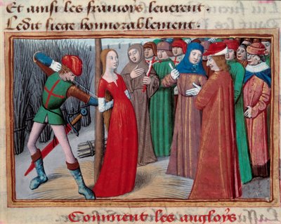 Joana de arco (1412 -1431), instalada no talho. Miniatura do manuscrito de "Vigilles du roi Charles VII", de Martial d