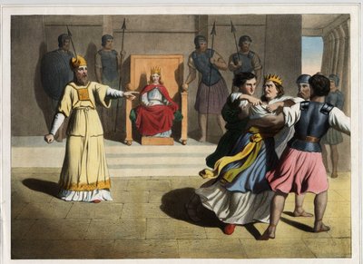 Joás (Jeoás) foi expulso do trono e ordenou a morte da rainha Atalia com a ajuda dos sacerdotes e assim se tornou rei de Judá. Gravura anónima de meados do século XIX. de Unknown artist