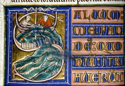 Jonas é atirado ao mar e devorado por um peixe enorme. Manuscrito do século XIV. Bíblia Municipal de Vercelli. de Unknown artist