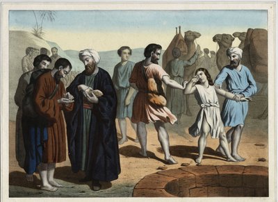 José, o Patriarca, vendido pelos seus dez irmãos ciumentos que o querem fazer desaparecer. Gravura anónima do século XIX. de Unknown artist