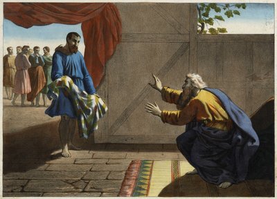 A túnica ensanguentada de José apresentada a Jacob. Os irmãos invejosos de José que desistiram de matá-lo fazem seu pai Jacó acreditar na sua morte, apresentando o casaco de José coberto de sangue de ovelha. Gravura anónima de meados do século XIX. de Unknown artist