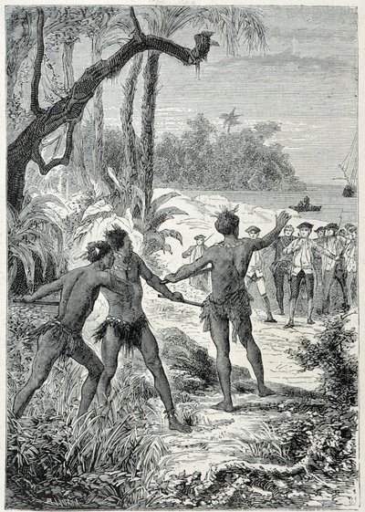 Viagem do Capitão James Cook (1728-1779) a New Guinee: o primeiro encontro com os nativos, ilustração tirada de "Os Grandes Marinheiros do século XVIII". de Unknown artist