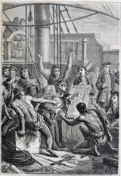 Viagem de Samuel Wallis (1728-1795) à Polinésia: etonnes indígenas por um espelho - ilustração tirada de "Os Grandes Marinheiros do Século 18". de Unknown artist