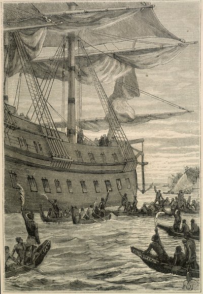 Viagem de Samuel Wallis (1728-1795) à Polinésia: povos indígenas com ramos de banana na mão como uma saudação de boas-vindas - ilustração de "Os Grandes Marinheiros do século XVIII". de Unknown artist