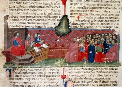 Jules Cesar (101-44 AC) no trono Detalhe de uma página manuscrita "Facts of the Romans" (Ms 1538) cerca de 1340 Florence, Biblioteca Riccardiana de Unknown artist