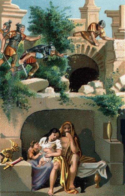Julius Sabinus (Gauleses do povo Lingons) e sua esposa Eponine permanecem escondidos por nove anos com seus filhos em um subterrâneo e depois descobertos, são levados para Roma junto com seus dois filhos gêmeos. Cromolitografia tardia do século XIX. de Unknown artist