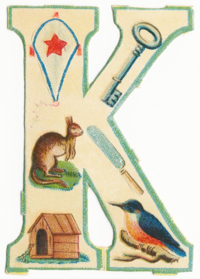 K: pipa, chave, canguru, faca, canil, martim-pescador (cor lito) de Unknown artist