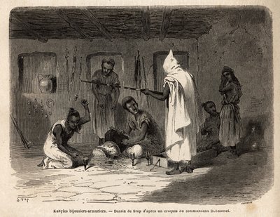 Artesãos kabyl reputados pela sua habilidade no fabrico de jóias e armas (e anteriormente em moeda falsa) na região de Djura (Argélia). Gravura para ilustrar a excursão à grande Kabilie, entre o Mediterrâneo e o Djurjura, em 1864, por de Unknown artist