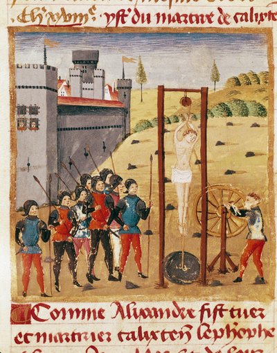 O Rei Alexandre o Grande (356-323 a.C.) assiste à execução do nobre Calixten Cephobe por enforcamento" Miniatura retirada do "Livro de Fatos de Alexandre o Grande" de Quintus Curtius Rufus (século I) (ms 1335, fol. 167 v de Unknown artist