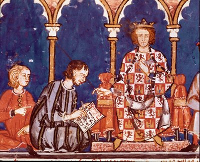 O Rei Alfonso X, o sábio, assiste um escriba. Detalhe de uma miniatura do Livro de jogos de Alfonso X o sábio (1221-1284) "O livro de xadrez, des et tables" (El libro de ajedrez, dados e tablas). 1282. San Lorenzo de El Escorial. Biblioteca Real do de Unknown artist