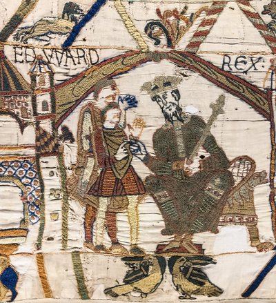 O Rei Eduardo o Confessor envia Harold para a Normandia, Tapeçaria Bayeux (bordado de lã em linho) de Unknown artist