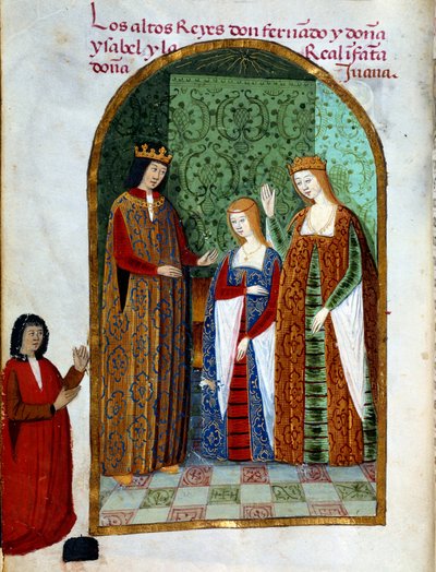 Rei Fernando II, Rei de Aragão e Sicília (1452 - 1516), Joana, Rainha de Castela (1479 - 1555) e Isabel 1ª de Castela (conhecida como a Católica), Rainha de Espanha (1451 - 1504). Miniatura em "Devocionario de la Reyna Da Juana a Quien Llamaron la Loca". de Unknown artist