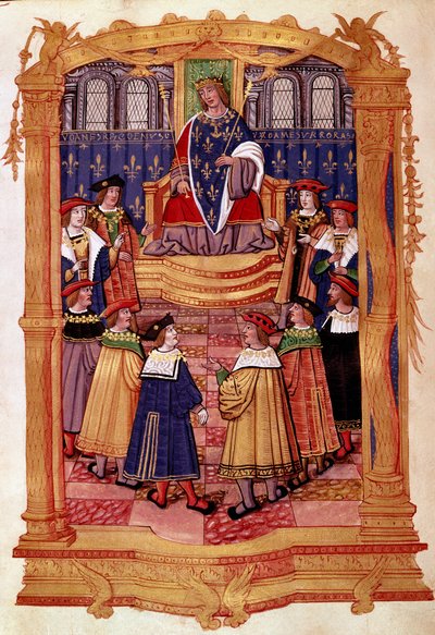 O Rei Luís XI (1423-1483) e os Cavaleiros da Ordem de São Miguel Miniatura do manuscrito "Estatutos da Ordem de São Miguel" Milão do século XV, Biblioteca Trivulziana de Unknown artist