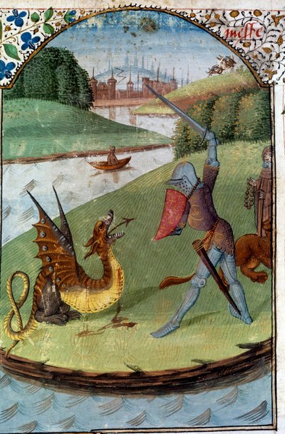 Cavaleiros da Távola Redonda: "Lancelot luta contra o dragão" Manuscrito miniatura "O romance de Lancelot du Lac" de Unknown artist