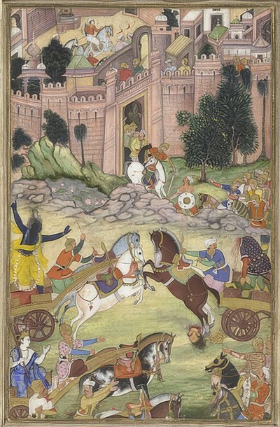 Krishna mata o demônio Sri Gala (cena de Harivamsa). Por volta de 1585 a 95 de Unknown