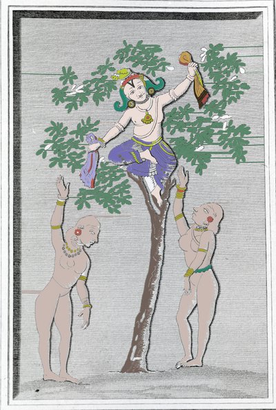 Krishnah a roubar os vestidos de dois gopi. L. M. Langlès: "Ancient and Modern Monuments of Hindustan" Paris de Unknown artist