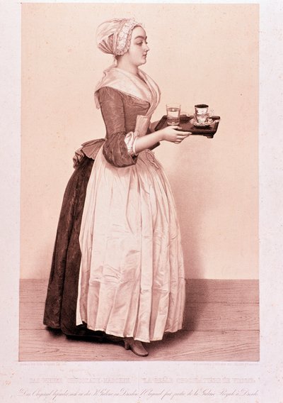 La Chocolatiere de Vienne: jovem empregada segurando uma bandeja com uma xícara de chocolate quente. Litografia da Colecção Privada do século XIX de Unknown artist