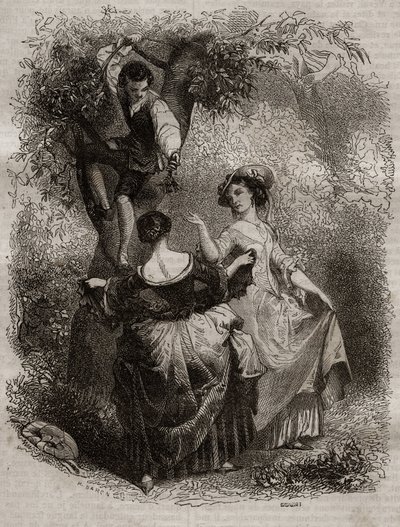 La cueillette des cherries - Ilustração para as confissões" de Jean-Jacques (Jean Jacques) Rousseau (1712-1778) - gravura de 1849 de Unknown artist