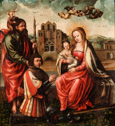 "The Virgin of Cristobal Colon Virgin and Child with Christopher Columbus and Saint Christopher Anonymous painting 1540 - Óleo sobre madeira Dim 52x48 cm Museo Lazaro Galdiano, Madrid de Unknown artist