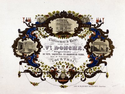 Rótulo para uma adega, licores e brasas de barro. Litografia de Unknown artist