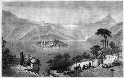 Lago Orta (Lago Cusio) (no meio da ilha de San Giulio (Saint Jules), na província de Novara, Itália. Gravura a partir de 1865. de Unknown artist
