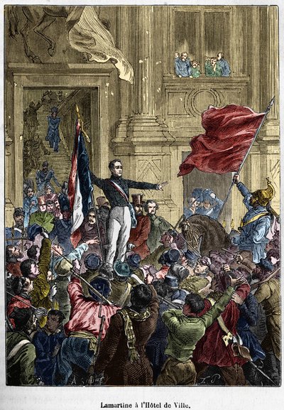 Lamartine (1790 - 1869), recusando a bandeira vermelha para a bandeira tricolor, na Câmara Municipal. Paris, 26 de Fevereiro de 1848. Coleção Bianchetti. de Unknown artist
