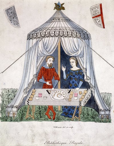Lancelot e Guineèvre comendo debaixo de uma tenda, extraída de "Lancelot du lac", após documento de 1370. de Unknown artist