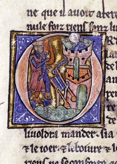 Lancelot no topo de uma torre. Manuscrito: Conquista do Saint Gréal, escrito 717 anos após a paixão do nosso senhor. Bibliotheque municipale de Rennes, ms. 255 (Coleção de romances da Távola Redonda); Paris de Unknown artist