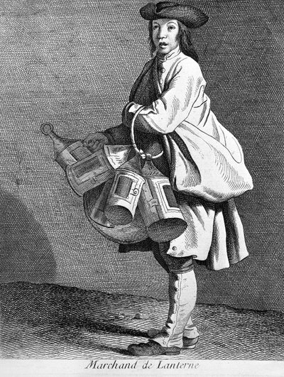 Negociante de lanternas. Gravura do século XIX. de Unknown artist