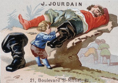 Le Petite Poucet remove as botas de sete léguas com o ogre asoupi - Etiqueta publicitária Jourdain de Unknown artist