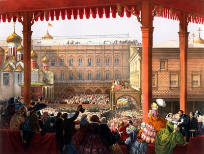"A Coroação do Imperador Alexandre II (1818-1881) em 18/02/1855" Vista da multidão - Litografia anónima de Unknown artist