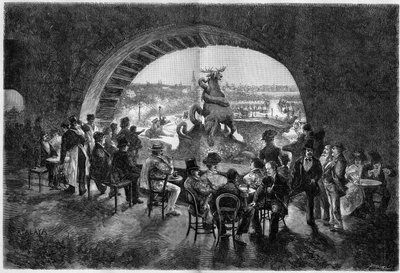 A parte inferior da cascata no jardim do Trocadero durante o tempo quente em Paris, onde os parisienses vêm para se sentar no frio. Gravação em "Le Monde Illustre". de Unknown artist