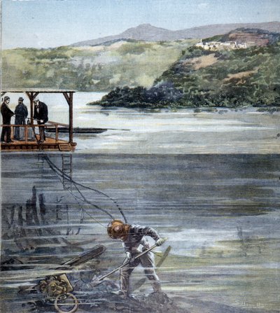O mergulhador Paolo Pardi trabalhando nos navios romanos no lago de Nemi com o traje de mergulho Siebe em 1893. de Unknown artist