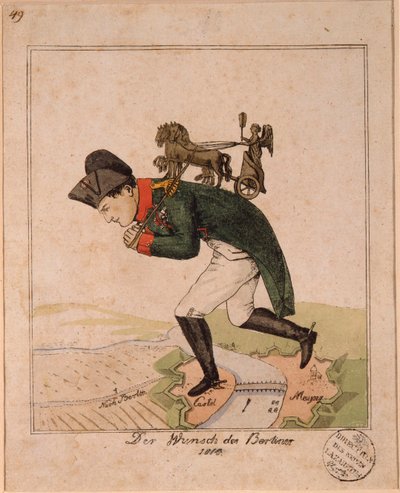 "O Desejo dos berlinenses" Caricatura representando o Imperador Napoleão I (1769-1821) levando nas costas a quadriga da Porta de Brandenburgo através de Mainz durante o cerco da fortaleza Desenho animado Anônimo de Unknown artist