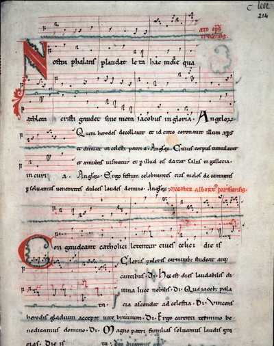 Folheto de um guia peregrino com a letra da peregrinação de Santiago de Compostela Fol. 214 r. A partir de um manuscrito do século XIII. Arquivo da Catedral de Santiago de Compostela (Santiago de Compostela), Espanha de Unknown artist