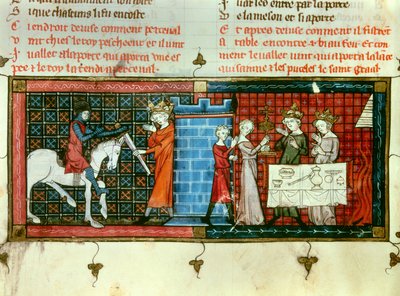 Esquerda: Perceval a receber uma espada do Rei Pescheor. Direita: Procissão do Santo Graal. Miniatura de "Tale du Grail". de Unknown artist