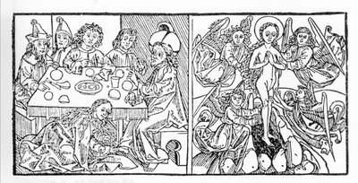 esquerda: Santa Maria Madalena seca os pés de Jesus com os seus cabelos. À direita: Santa Maria Madalena sobe para o céu. Manuscrito de 1488 impresso em Nuremberga. Gravura de "Leben der Heiligen - sommerteil" (O livro da santa) de Jacobus (Tiago) de Vora. de Unknown artist