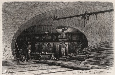 Les egouts de Paris: curva do tubo perto da ponte Saint Michel (Saint-Michel), place du Chatelet - Gravação no "Le Monde Illustré". de Unknown artist