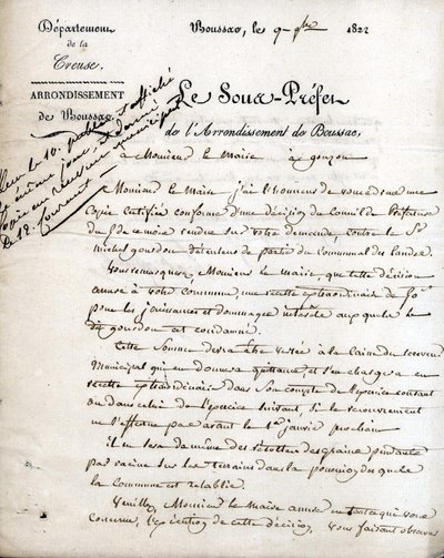 Carta do subprefeito do Creuse (arrondissement de Boussac) ao prefeito de Gouzon, 9 de setembro de 1822 de Unknown artist