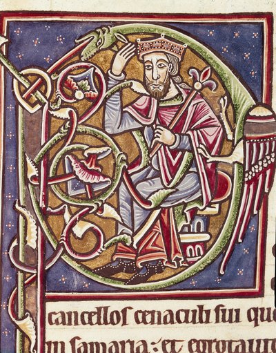 Lettrina P decoração da representação do rei da terra de Moab Miniatura de uma Bíblia (Ms 3088) Século XII Coimbra, biblioteca da Universidade de Unknown artist