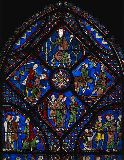 Vida de São Tiago Maior, secção superior do vitral, vitral (século XII), Catedral de Chartres (Lista do Património Mundial da Unesco) de Unknown artist