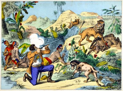 Caça ao leão na África Austral. Gravura do século XIX. de Unknown artist