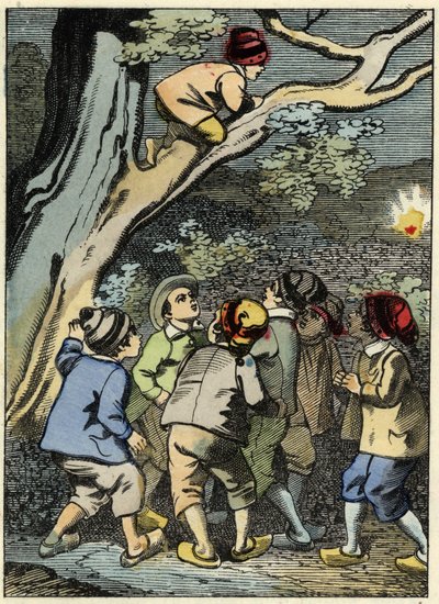 O pequeno Poucet sobe a uma árvore e procura o seu caminho. Ele está pegando uma luz na floresta. Ilustração do conto de Charles Perrault, "Le Pepetit Poucet". de Unknown artist