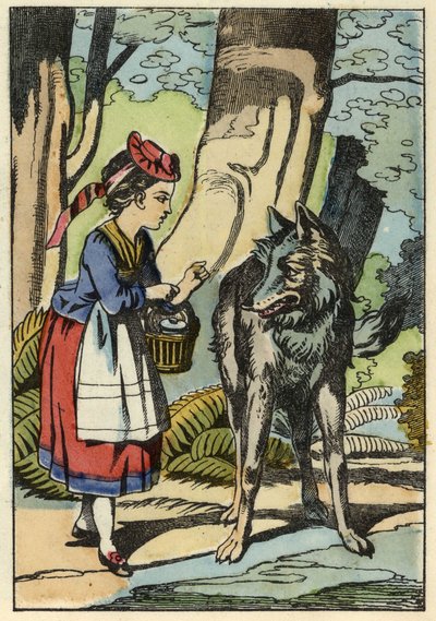 O Capuchinho Vermelho encontra o lobo na floresta. Ilustração do conto "O Capuchinho Vermelho" de Charles Perrault de Unknown artist