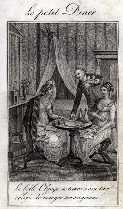 Um jantarzinho. Olympe de Gouges (1748-1793), mulher francesa de letras e revolucionária com Celine, uma de suas amigas. de Unknown artist