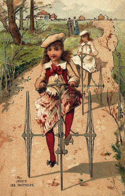 Menininhas fazendo triciclos. Cromolitografia por volta de 1890. de Unknown artist
