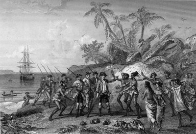 Louis Antoine Comte de Bougainville, navegador francês (1729-1811), aproximando-se das ilhas dos Marqueses no Taiti, 6 de abril de Unknown artist